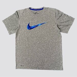 Nike Dri-Fit crew neck athletic tee shirt heather gray metallic blue swoosh M